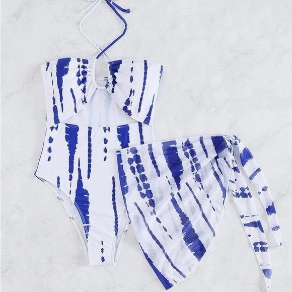 Tie Dye Cut Out Halter One Piece Swimsuit With Beach Skirt *NEW* - Picture 3 of 5